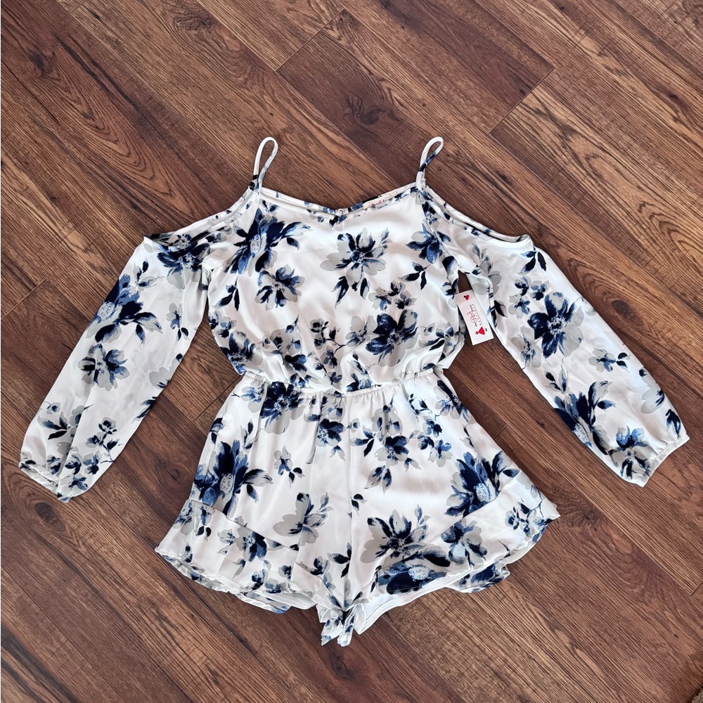 Peach Love California Floral Blue and White Romper